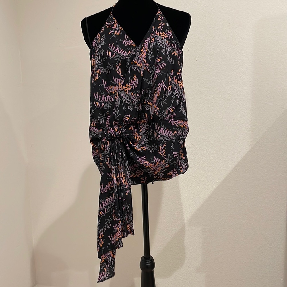 Cinq a Sept black floral halter neckline top with waist detail and side zip